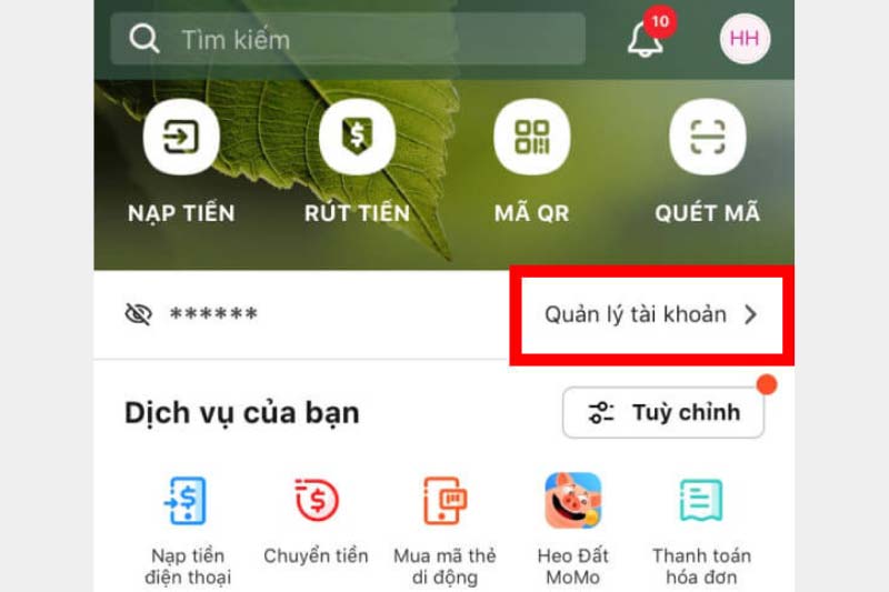 Chọn Quản Lý Tài Khoản Trên Màn Hình Chính Ví MoMo