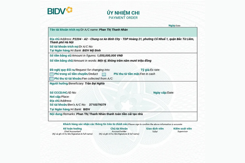 Ủy Nhiệm Chi Ngân Hàng BIDV