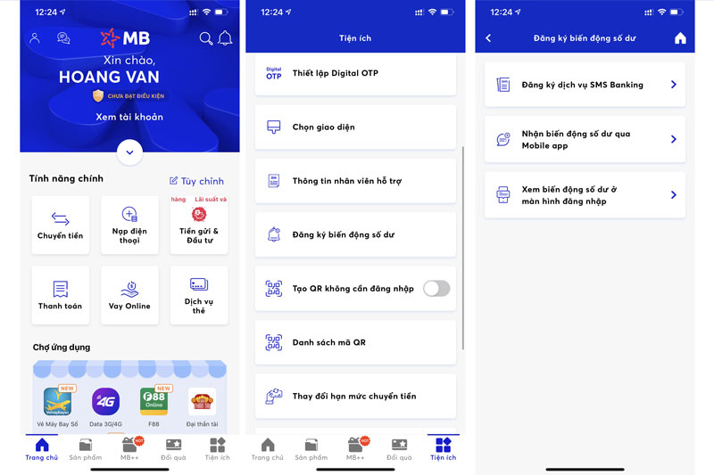 Đăng nhập vào app MBBank và chọn đăng ký biến động số dư