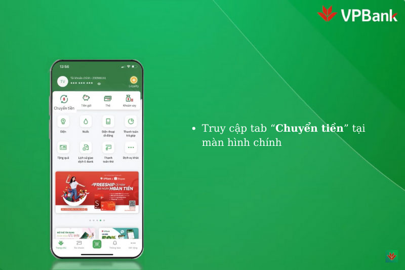 Chọn chuyển tiền tại màn hình chính VPBank NEO
