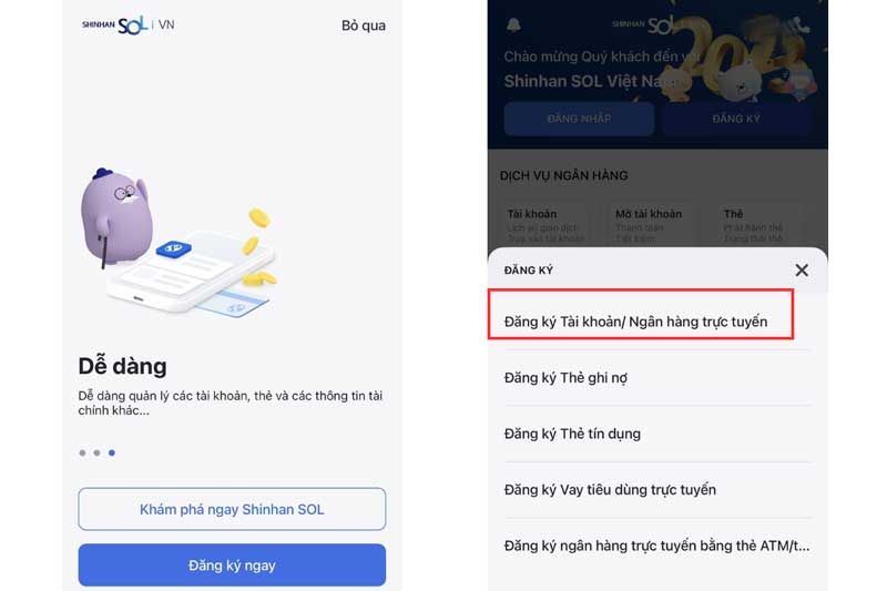 chọn Đăng ký ngay để đăng ký mở tài khoản ngân hàng trực tuyến