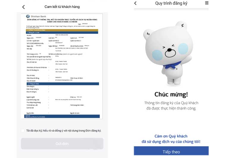 Đọc ký điều khoản mở tài khoản ngân hàng và xác nhận mở tài khoản Shinhan Bank