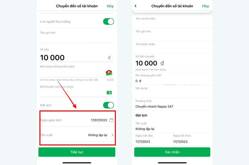 Nhập thông tin người nhận và số tiền cần chuyển.
