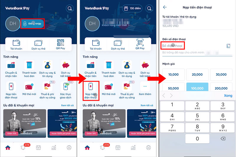 Mở ứng dụng VietinBank iPay và chọn chức năng nạp tiền điện thoại