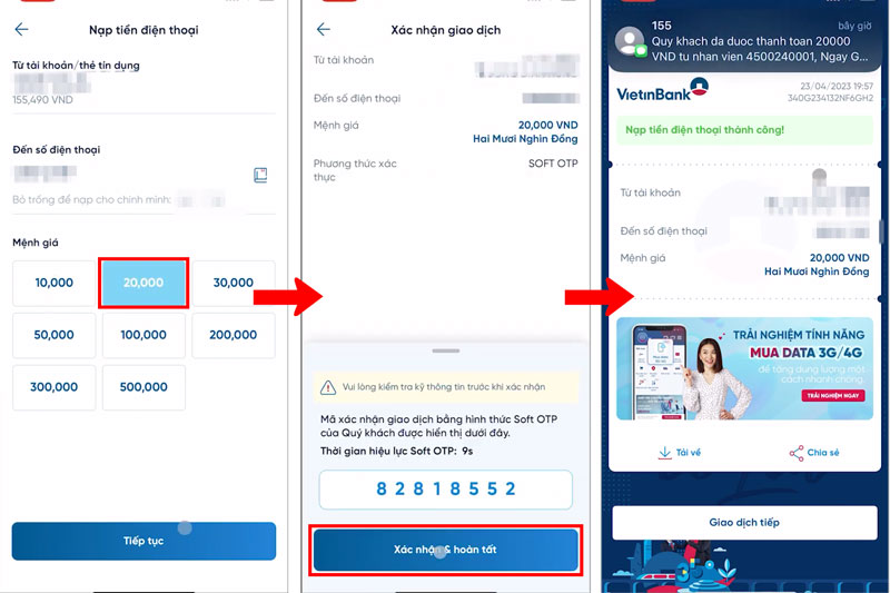 Chọn mệnh giá nạp tiền và xác nhận giao dịch