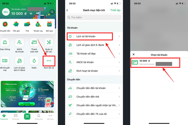 Chọn mục lịch sử giao dịch